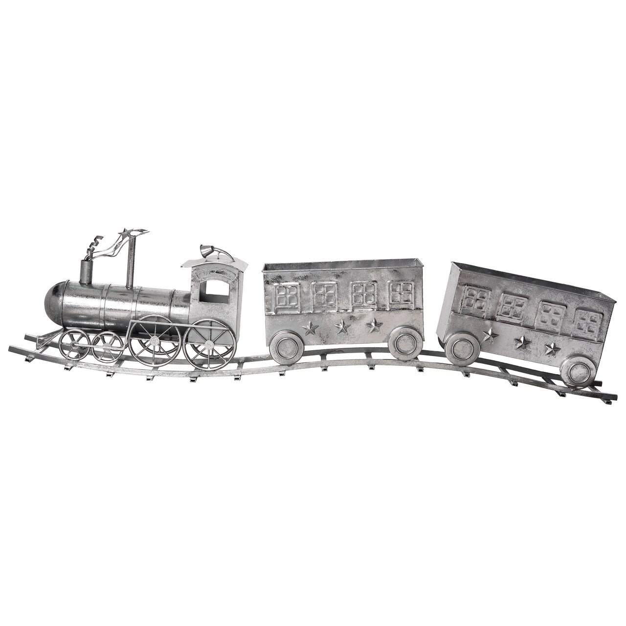 Transpac Silver Christmas Train Decor 54.75" with 2 Cars, Metal Figurines, Indoor Tabletop Holiday Decor, 14.5" Height, Silver Color